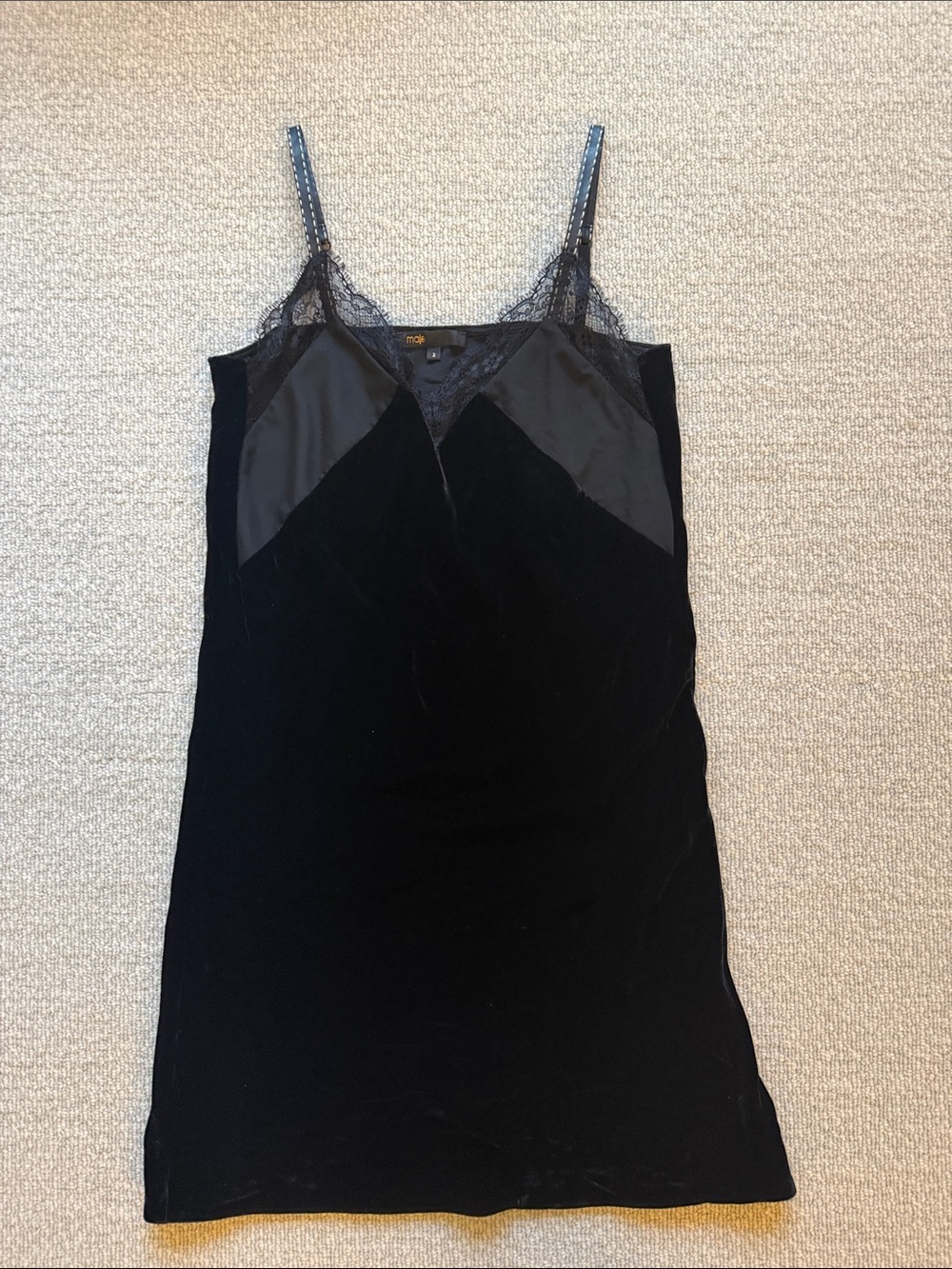 Maje Black Lace-Trim Velvet Slip Dress